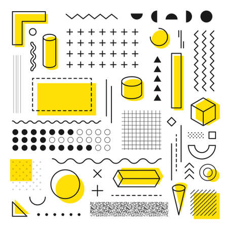 Geometric design elements. Set of geometric shapes and modern elements in memphis style. Abstract shapes, textures in vintage 80s and 90s style. Geometric shapes and lines. Vectorのイラスト素材