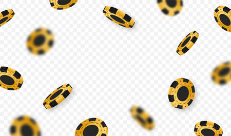 Flying casino chips and tokens. Flying 3d golden poker chips. Poker chips and tokens on transparent background with bokeh effect. Golden and black casino gaming tokens. Vectorのイラスト素材