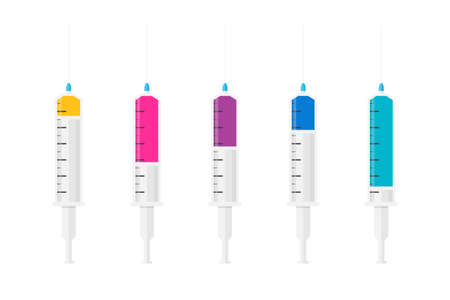 Set of syringes with different level of fluid. Syringes icon in flat style. Medical syringe with needle. Vectorのイラスト素材
