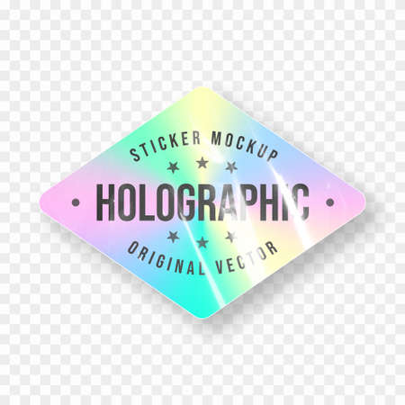 Holographic sticker mockup, rhombus shape. Paper holographic sticker and label with crumpled texture. Hologram sticker and patch with plastic texture. vectorのイラスト素材