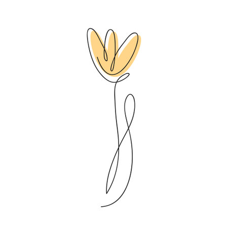 Tulip flower in continuous one line art style. Tulip with leaves and hand drawn abstract yellow bud. One line art flower. Continuous line flower. Vectorのイラスト素材
