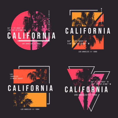 California, Los Angeles t-shirt design. T shirt print design with palm tree. Collection of t-shirt design with typography and tropical palm tree for tee print, apparel and clothing. Vectorのイラスト素材