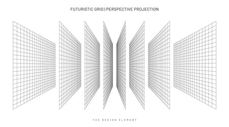 Retro grid in perspective projection, Y2K style design elements collection. Geometric grid and mesh in futuristic and retro style. Vectorのイラスト素材