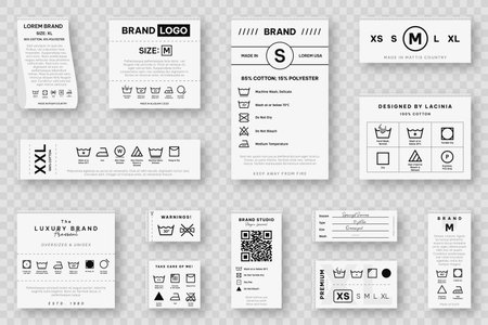 Laundry label collection with care symbols and washing instructions. Laundry care tags with washing, drying, bleaching, ironing and cleaning information. Vectorのイラスト素材