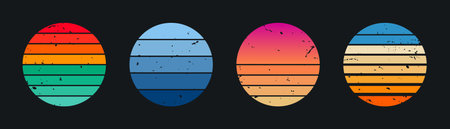 Retro sunset collection with grunge texture in vintage 80s style. Retro striped sun in round shape. Abstract sunset collection for print, t-shirt design and badges. Vectorのイラスト素材