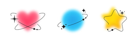 Abstract aesthetic and esoteric shapes in Y2K style. Blurred shapes and design elements in gradient vibrant colors. Heart, star and circle in Y2K style. Vectorのイラスト素材