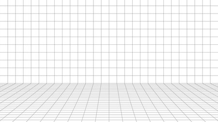 Room projection grid in futuristic 3d style. Outline futuristic grid background, room projection with floor and wall. Wireframe grid template in perspective view. Vectorのイラスト素材