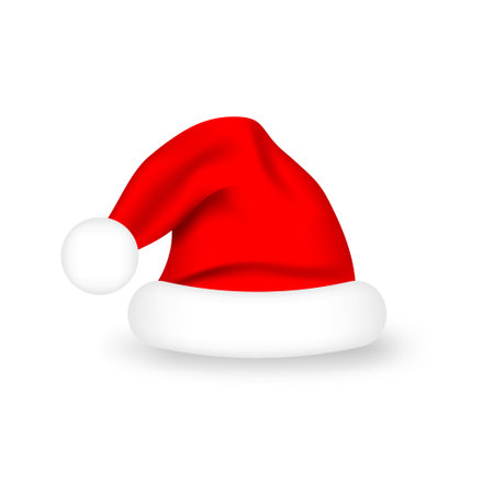 Santa Claus hat. Realistic red Santa Claus hat on white background. Red Christmas Santa hat, design element for costume and mask. Vectorのイラスト素材