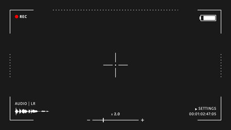Camera viewfinder overlay. Video camera viewfinder on black background. Video camera viewfinder display frame for recording video and photos. Recording camera screen with indicators and frame. Vectorのイラスト素材