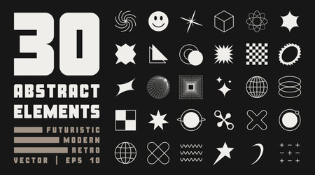Y2K style symbols and geometric graphic elements. Collection of abstract and geometric postmodern design elements in Y2K style. Brutalist shapes, futuristic meshes, icons, and symbols. Vectorのイラスト素材