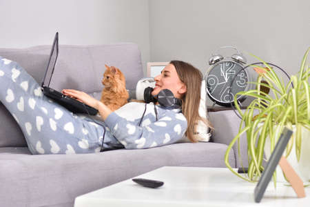 Young caucasian brunette businesswoman working at home using laptop while caressing pet red catの写真素材