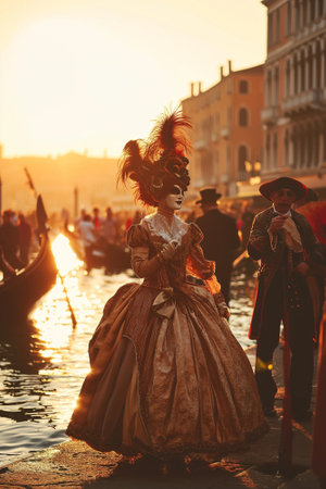 Unidentified people in Venetian carnival costume at sunset.の素材