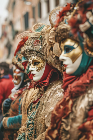 Traditional Venetian carnival masks at St. Mark's Square, Venice, Italyの素材