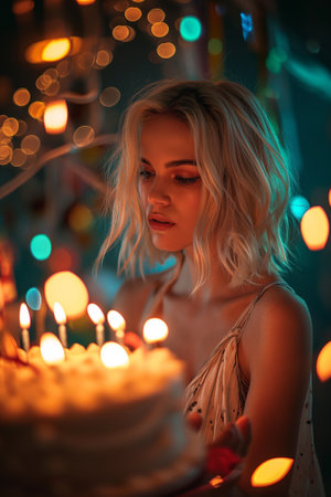 Beautiful young woman blowing out candles on a birthday cake with candlesの素材