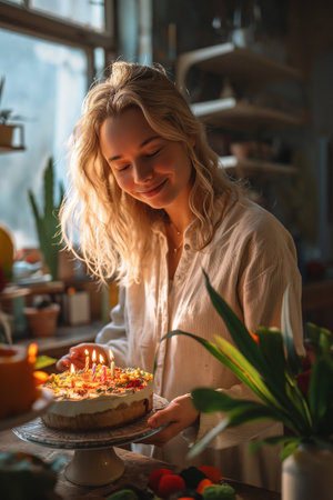 happy woman decorating birthday cake with candles at table in modern kitchenの素材