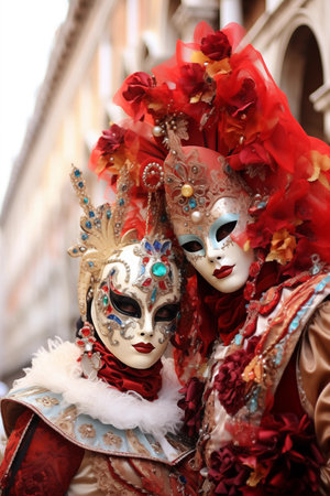 Unidentified people with Venetian carnival mask at St. Mark's Square in Venice, Italy.の素材