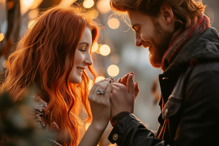 Beautiful young couple in love on the background of a Christmas treeの素材