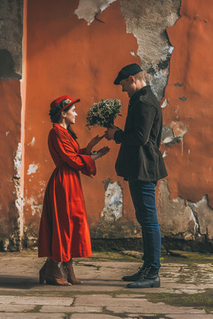 Beautiful young couple in love posing in the streets of the old cityの素材