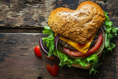 Big hamburger with beef cutlet, tomato and lettuce on wooden backgroundの素材