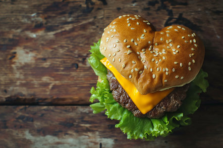 Cheese burger - American cheese burger with fresh green salad on wooden backgroundの素材