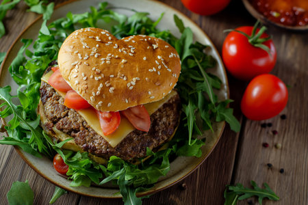 Homemade hamburger with beef, tomato and arugula on wooden backgroundの素材
