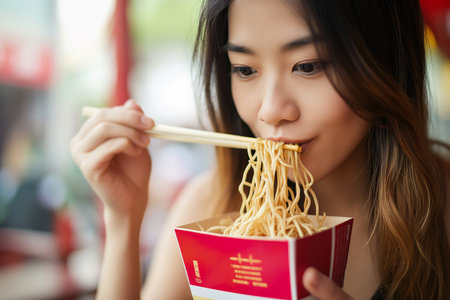 Young woman eating Chinese noodles from a boxの素材