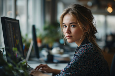 Young woman working in the office with computerの素材