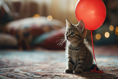 Little kitten in the living room with a red balloon. Gift conceptの素材
