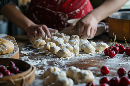 Making heart shaped dumplings with cherries on the tableの素材