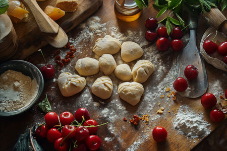 Making heart shaped dumplings with cherries on the tableの素材