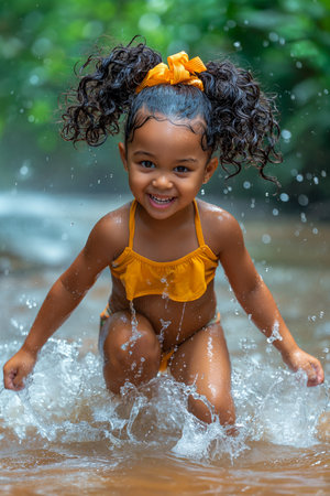 African American girl with curly pigtails tied by vibrantribbons. She showcases big bright eyes and pure happiness as she dances in the rain.の素材
