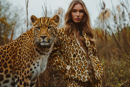 minimalism, a woman in a leopard print suit stands next to a leopardの素材