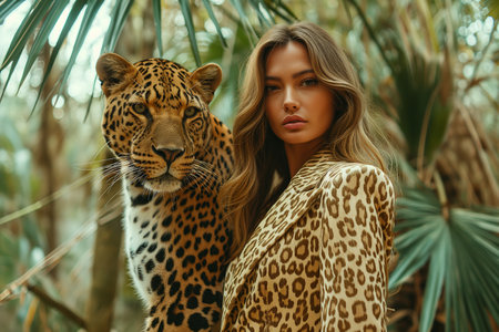 minimalism, a woman in a leopard print suit stands next to a leopardの素材