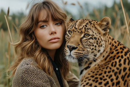 minimalism, a woman in a leopard print suit stands next to a leopardの素材