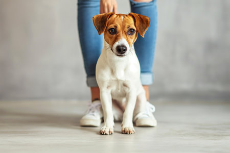 cute dog on a plain background wants to walk with young womanの素材