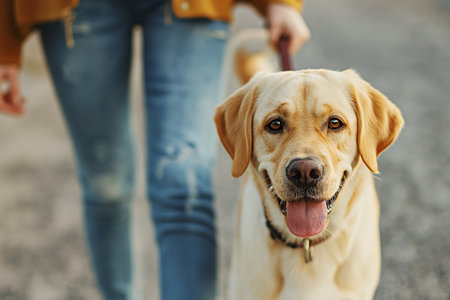cute dog on a plain background wants to walk with young womanの素材