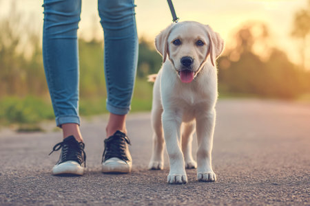 cute dog on a plain background wants to walk with young womanの素材