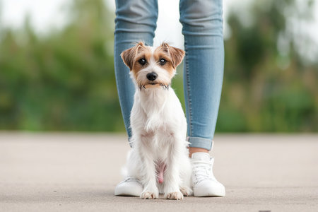 cute dog on a plain background wants to walk with young womanの素材
