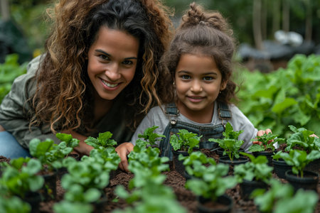 Mom and her daughter are busy with seedlings. Gardening in springの素材