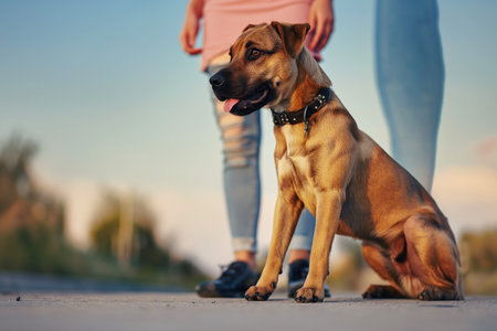cute dog on a plain background wants to walk with young womanの素材