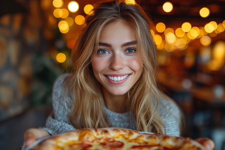 Young beautiful woman with pizzaの素材