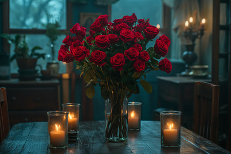 romantic scene with a couple enjoying a candlelit dinner, surrounded by a bouquet of red rosesの素材