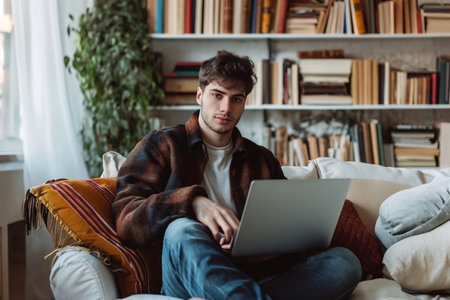 young man sits in light beautiful room with laptop and booksの素材