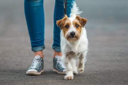 cute dog on a plain background wants to walk with young womanの素材
