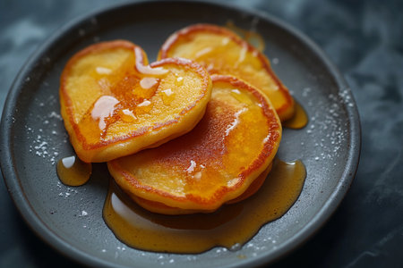 stack of heart-shaped pancakes with honey on a plate. View from above. Served on the kitchen table for breakfastの素材