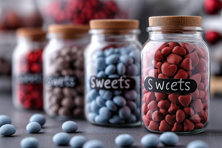 Bottles with text "Sweets" with candies inside, Valentines Day themeの素材