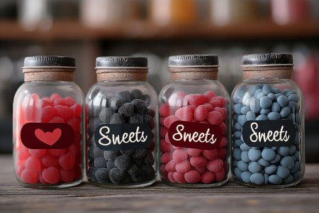 Bottles with text "Sweets" with candies inside, Valentines Day themeの素材
