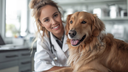 Veterinarian in a veterinary clinic with dogの素材