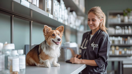 Veterinarian in a veterinary clinic with dogの素材