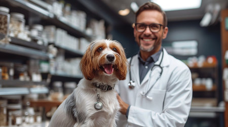 Veterinarian in a veterinary clinic with dogの素材